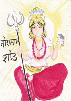 1girl bindi blonde_hair facial_mark forehead_mark full_body highres hindi_text kiri@_kesson_kitsune mouse_(animal) nazrin nazrin_(mouse) sitting toramaru_shou touhou yellow_eyes