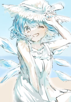 1girl :d ;d alternate_costume beach blue_eyes blue_hair blue_nails blue_sky cirno collarbone commentary_request day detached_wings dress furawast hat highres ice ice_wings ocean one_eye_closed open_mouth sketch sky smile solo straw_hat touhou white_dress wings