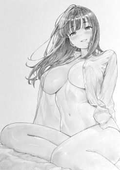 1girl absurdres blush breasts buttons collared_shirt commentary commission covered_erect_nipples graphite_(medium) highres large_breasts lensia long_hair long_sleeves looking_at_viewer naked_shirt navel open_clothes open_shirt original pixiv_commission shirt simple_background sitting traditional_media