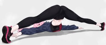 1girl absurdres alternate_costume black_pants black_shoes black_sports_bra blue_hoodie blue_sweater bluefield commentary highres hololive hololive_english hood hoodie jack-o&#039;_challenge long_hair looking_at_viewer looking_back midriff mori_calliope navel no_socks pants pink_eyes pink_hair pink_nails red_eyes shoes sneakers solo sports_bra spread_legs steaming_body stretching sweat sweater virtual_youtuber yoga_pants