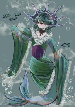 1girl absurdres air_bubble blue_background breasts bubble chestnut_mouth cleavage closed_eyes corset dress eyelashes fins fish frilled_dress frilled_sleeves frills full_body furisode_sleeves head_fins highres japanese_clothes jewelry kimono long_bangs looking_to_the_side mermaid monster_girl neck_ring omaega_chan parted_bangs pointed_crown purple_corset short_hair sketch sleeves_past_fingers sleeves_past_wrists solo steam touhou wakasagihime wavy_hair