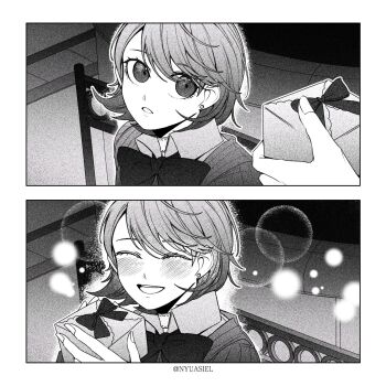 1girl 1other blush bow bowtie box cardigan choker commentary_request earrings gekkoukan_high_school_uniform gift gift_box greyscale highres holding holding_gift jewelry korean_commentary light_particles looking_at_another loose_bowtie monochrome open_mouth out_of_frame parted_lips persona persona_3 ribbed_cardigan school_uniform sequential short_hair siael smile stud_earrings swept_bangs takeba_yukari twitter_username upper_body