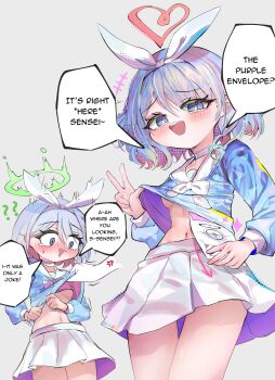1boy 1girl anger_vein arona_(blue_archive) blue_archive blue_eyes blue_hair blush braid breasts hair_over_one_eye hairband highres loli mesugaki multicolored_hair navel no_bra open_mouth pink_hair sailor_collar school_uniform sensei_(blue_archive) single_braid skirt small_breasts stomach talking tsuyukunst white_skirt