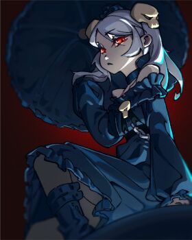 1girl alternate_hairstyle bare_shoulders bloody_marie_(skullgirls) boots brooch bubene choker collarbone dress gothic_lolita holding holding_umbrella jewelry lolita_fashion looking_at_viewer looking_down red_eyes sitting skullgirls solo umbrella