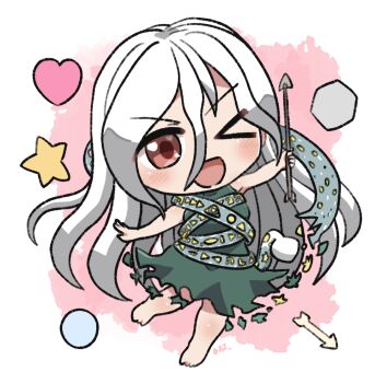 &gt;_o 1girl ;d arrow_(projectile) bare_arms bare_shoulders barefoot blush chibi chibi_only commentary_request dress full_body green_dress hair_between_eyes holding holding_arrow long_hair looking_at_viewer one_eye_closed open_mouth red_eyes rokugou_daisuke signature sleeveless sleeveless_dress smile solo standing star_(symbol) touhou white_hair yuiman_asama