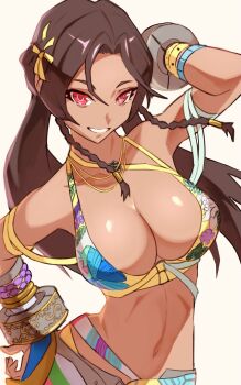 1girl armband backwards_text bikini black_hair bra breasts clothes_around_waist dark-skinned_female dark_skin earrings fingerless_gloves floral_print floral_print_bikini gloves green_armband highres jewelry long_hair looking_at_viewer miary_zo mole mole_under_eye multicolored_bra navel padded_gloves print_bikini print_bra red_eyes shorts smile solo swimsuit tekken tekken_8 underwear ura_dora yellow_armband yellow_nails