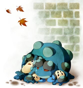 autumn_leaves black_eyes brick_wall bright_pupils closed_mouth colored_sclera commentary commentary_request english_commentary evolutionary_line gen_5_pokemon hachimaru_(ediciusa) leaf nintendo no_humans nostrils open_mouth palpitoad pokemon pokemon_(creature) pokemon_focus red_sclera seismitoad tympole white_pupils