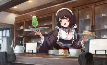 1girl animal_ears bar_(place) black_hair black_kimono cake cocktail cup dog_ears dog_girl drinking_glass food hachinatsu heterochromia highres holding holding_tray hurricane_glass indoors inui_toko japanese_clothes kimono long_hair maid maid_headdress nijisanji open_mouth red_eyes smile solo teacup teapot tray virtual_youtuber wa_maid yellow_eyes