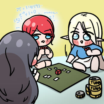 3girls alternate_costume black_hair blonde_hair blue_eyes blush_stickers canned_tuna card card_game cerestia_of_life chibi chibi_only clooliss commentary_request drooling elf equation gameplay_mechanics highres hongryeon_(last_origin) korean_commentary last_origin long_hair mole mole_under_eye mouth_drool multiple_girls oberonia_rhea playing_games pointy_ears red_hair shirt skirt very_long_hair
