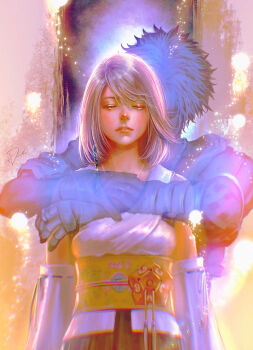 1boy 1girl beads breasts closed_eyes commentary_request couple detached_sleeves final_fantasy final_fantasy_x gloves hair_beads hair_intakes hair_ornament hetero highres hug hug_from_behind japanese_clothes medium_breasts medium_hair nontraditional_miko obi parted_lips sash shirt short_hair signature tdsuke tidus upper_body white_shirt white_sleeves yuna_(ff10)