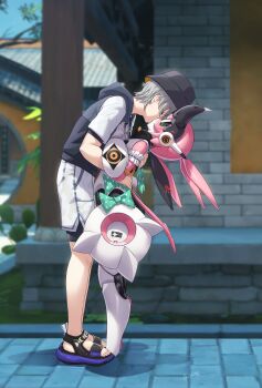 1boy 1girl absurdres aria_(zenless_zone_zero) arm_garter black_sclera blurry blurry_background blush bow bucket_hat closed_eyes colored_sclera commentary english_commentary fish_hat french_kiss from_side green_bow green_eyes grey_hair hand_on_another's_back hands_on_another's_chest hat height_difference hetero highres humanoid_robot kiss leaning_forward luizhtx official_alternate_costume outdoors polka_dot polka_dot_bow robot robot_girl short_hair shorts standing white_shorts wise_(peaceful_waves)_(zenless_zone_zero) wise_(zenless_zone_zero) zenless_zone_zero