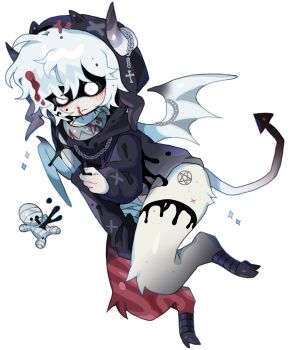 1boy animal_feet black_hoodie black_sclera blood blood_in_hair blood_on_face blush colored_sclera demon_boy demon_horns demon_tail demon_wings digitigrade dilnyan03 doll full_body highres holding holding_knife hood hood_up hoodie hooves horned_hood horns horns_through_hood knife male_focus monster_boy nosebleed original pentagram short_hair simple_background solo tail white_background white_eyes white_hair wings