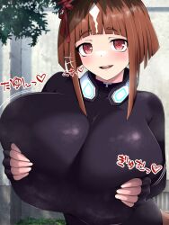 Rule 34 | 1girl, alternate breast size, animal ears, black gloves, black shirt, blurry, breasts, brown hair, day, depth of field, fingerless gloves, gloves, horse ears, horse girl, horse tail, huge breasts, looking at viewer, multicolored hair, norio (pheromosa times), open mouth, outdoors, red eyes, shirt, short hair, smile, solo, standing, tail, teeth, transcend (umamusume), two-tone hair, umamusume, upper body, upper teeth only, white hair