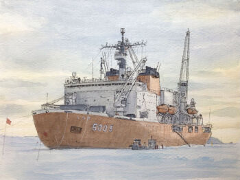 atelier_bono cloud cloudy_sky commentary_request crane_(machine) flag highres icebreaker_ship japan_maritime_self-defense_force japan_self-defense_force lifeboat mast military no_humans original outdoors painting_(medium) scenery ship shirase_(agb-5003) sky smokestack sunrise traditional_media vehicle_focus watercolor_(medium) watercraft