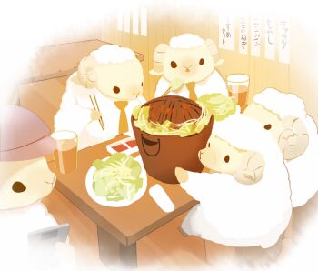 alcohol baby_animal beer cannibalism chai_(drawingchisanne) chopsticks indoors izakaya lamb necktie no_humans original plate sheep sitting table