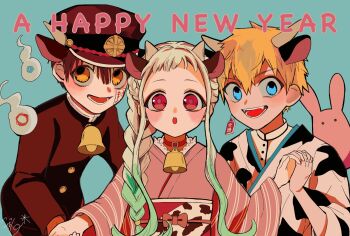 Rule 34 | 1girl, 2boys, animal ears, animal print, aqua background, bell, belt, belt buckle, belt collar, black jacket, blonde hair, blue eyes, blush, bow, boy sandwich, brown hair, brown hat, brown horns, buckle, buttons, chinese zodiac, collar, collared jacket, collared shirt, commentary request, cow ears, cow horns, cow print, cowboy shot, dot nose, earrings, english text, fake animal ears, fake horns, fangs, forehead, gakuran, gradient hair, green hair, hair between eyes, hair over shoulder, hair tie, hanako (jibaku shounen hanako-kun), happy new year, hat, hetero, high collar, highres, hitodama, holding hands, horns, interlocked fingers, jacket, japanese clothes, jewelry, jibaku shounen hanako-kun, kimono, kohane suzukasa, lace, lace-trimmed kimono, lace trim, long sidelocks, long sleeves, minamoto kou, multicolored hair, multiple boys, neck bell, new year, obi, open mouth, pale skin, peaked cap, pink bow, pink eyes, pink kimono, pink pupils, rabbit, red belt, sandwiched, sash, school uniform, shirt, sidelocks, signature, simple background, single earring, small horns, smile, striped sleeves, tareme, teeth, two-tone hair, upper body, upper teeth only, waist bow, white kimono, white shirt, wide sleeves, yashiro nene, year of the ox, yellow eyes, yukata