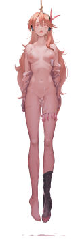 1girl after_vaginal aftersex akame_ga_kill! asphyxiation breasts chelsea_(akame_ga_kill!) cum cum_in_pussy death feather_hair_ornament hair_ornament hanged headset long_hair medium_breasts necrophilia nude orange_hair point_(artist) red_eyes tongue tongue_out wounds