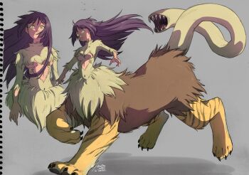 1girl ariamikukanzaki boruto:_two_blue_vortex breasts centauroid chimera commentary cosplay dungeon_meshi extra_mouth falin_touden falin_touden_(chimera) falin_touden_(chimera)_(cosplay) fusion kakei_sumire long_hair medium_breasts monster_girl naruto_(series) nue_(boruto) parody purple_hair signature taur underboob yellow_eyes yellow_fur