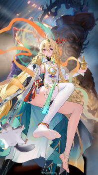 ahoge animal anklet blonde_hair breasts character_request flying_squirrel full_body hair_between_eyes hair_ornament highres holding houchi_shoujo jewelry long_hair long_hair_between_eyes official_art parted_lips purple_eyes sideboob single_bare_foot single_thighhigh solo_focus squirrel statue thighhighs very_long_hair