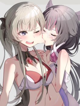 2girls absurdres alternate_hairstyle bare_arms bare_shoulders bat_wings biting biting_cheek black_hair black_ribbon blush bra breasts center_frills cheek_pull chest_jewel chuuna_(unagiunazy) cleavage closed_eyes columbina_(genshin_impact) commentary_request detached_collar frills genshin_impact grey_background grey_eyes grey_hair hair_ribbon hands_on_another&#039;s_shoulder hands_up head_wings highres long_hair long_sidelocks looking_to_the_side low-tied_sidelocks medium_breasts multicolored_hair multiple_girls navel one_eye_closed open_mouth paid_reward_available pink_streaks ponytail raised_eyebrows ribbon sandrone_(genshin_impact) sidelocks simple_background streaked_hair swept_bangs tress_ribbon two-tone_hair u_u underwear underwear_only undressing upper_body very_long_hair white_bra wings x-shaped_eyewear yuri