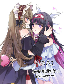 Rule 34 | 2girls, alternate costume, alternate hairstyle, arms around another's waist, bare shoulders, black collar, black dress, black hair, black sleeves, blue eyes, blush, bonnet, breasts, brown hair, collar, columbina (genshin impact), commentary, dress, genshin impact, gradient hair, hair down, hair ornament, hairband, hand on another's head, head wings, headdress, heart, heart wand, long hair, long sidelocks, long sleeves, multicolored hair, multiple girls, multiple wings, open mouth, purple eyes, purple hair, purple streaks, ribbon, sandrone (genshin impact), satorigame, sidelocks, streaked hair, two-tone hair, unusually open eyes, very long hair, wand, white dress, white headdress, white wings, wing hair ornament, wings, yuri