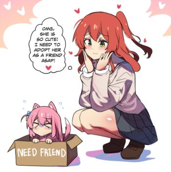 &gt;_&lt; 2girls animal_ears black_skirt blush bocchi_the_rock! box brown_cardigan brown_footwear cardboard_box cardigan cat_ears cat_girl cat_tail chibi closed_eyes closed_mouth commentary cube_hair_ornament english_commentary english_text for_adoption gotoh_hitori green_eyes hair_ornament hands_on_own_face heart higher_resolution_available highres hinghoi in_box in_container kemonomimi_mode kita_ikuyo loafers long_hair long_sleeves multiple_girls one_side_up pink_hair pleated_skirt red_hair school_uniform shoes skirt smile speech_bubble spoken_heart squatting tail thought_bubble