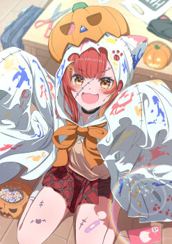 1girl absurdres bandaid bandaid_on_leg black_choker bule_blue_2 choker commentary_request fake_scar halloween highres long_hair looking_at_viewer multicolored_hair nekota_tsuna open_mouth orange_eyes orange_hair pumpkin red_hair red_skirt school_uniform single_sock sitting skirt smile socks v-shaped_eyebrows virtual_youtuber vspo! wariza white_socks