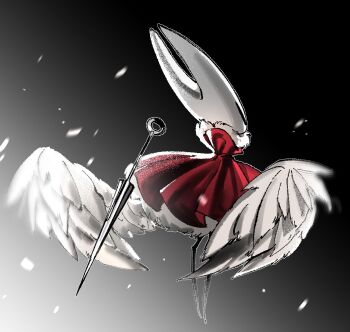 1girl arthropod_girl black_background black_eyes black_skin cloak colored_skin feathered_wings from_behind full_body fur-trimmed_cloak fur_trim gradient_background hollow_eyes hollow_knight hollow_knight:_silksong horned_mask hornet_(hollow_knight) horns mask needle_(hollow_knight) p_0p red_cloak solo standing weapon white_background white_mask wings