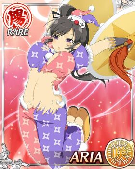 1girl :o aria_(senran_kagura) black_hair black_ribbon border breasts card_(medium) character_name cymbals english_text game_cg hair_ribbon hat high_side_ponytail instrument jester_cap jester_costume jester_shoes large_breasts long_hair midriff mini_hat multicolored_pants multicolored_shirt navel official_alternate_costume official_art pants puffy_short_sleeves puffy_sleeves purple_eyes purple_pants purple_shirt red_pants red_shirt ribbon senran_kagura senran_kagura_new_wave shirt short_sleeves shuriken_print solo torn_clothes torn_pants torn_shirt