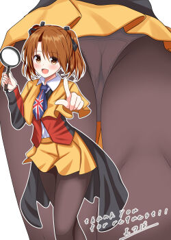 1girl abataa absurdres ass black_pantyhose black_ribbon blush brown_eyes brown_hair collared_shirt commentary_request crotch_seam feet_out_of_frame hair_ribbon hands_up highres holding holding_magnifying_glass jacket looking_at_viewer magnifying_glass miniskirt mtu_virus multicolored_jacket multiple_views necktie open_mouth outline panties panties_under_pantyhose pantyhose pointing pointing_at_viewer print_necktie ribbon shirt short_hair sister_princess skirt smile thank_you twintails underwear union_jack_print upskirt variant_set white_background white_outline white_panties white_shirt wing_collar yellow_skirt yotsuba_(kyokugen_dasshutsu)