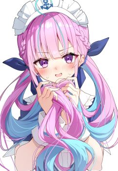 Rule 34 | 1girl, ahoge, anchor symbol, aqua hair, blue dress, blue ribbon, blunt bangs, blush, braid, colored inner hair, commentary, darjeeling (reley), dress, drill hair, fanged bangs, frilled dress, frilled shirt collar, frills, hair ribbon, half up braid, hands up, highres, holding, holding own hair, hololive, long hair, looking at viewer, maid headdress, minato aqua, minato aqua (1st costume), multicolored hair, open mouth, pink hair, puffy short sleeves, puffy sleeves, purple eyes, ribbon, short sleeves, simple background, solo, streaked hair, sweatdrop, twin drills, two-tone hair, upper body, virtual youtuber, white background, wrist cuffs