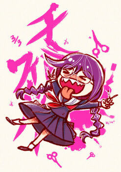 Rule 34 | > <, 1girl, blush, braid, brown shoes, chibi, chibi only, closed eyes, collared shirt, commentary, danganronpa: trigger happy havoc, danganronpa (series), english commentary, fukawa toko, full body, genocider shou, glasses, glint, hair between eyes, holding, holding scissors, holding weapon, kounyoukai, long hair, long sleeves, neckerchief, open mouth, outline, purple hair, purple serafuku, purple shirt, purple skirt, red neckerchief, round eyewear, sailor collar, school uniform, scissors, serafuku, sharp teeth, shirt, shoes, skirt, skirt set, smile, socks, solo, teeth, tongue, tongue out, twin braids, twintails, upper teeth only, weapon, white background, white outline, white sailor collar, white socks