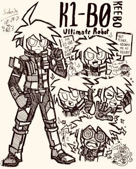 &gt;_&lt; 1girl 3boys :o absurdres ahoge android antenna_hair character_name checkered_clothes checkered_scarf closed_eyes closed_mouth danganronpa_(series) danganronpa_v3:_killing_harmony dated doodle_inset english_text facial_hair full_body goggles goggles_on_head greyscale hatching_(texture) highres index_finger_raised iruma_miu josh-s26 k1-b0 long_hair male_focus momota_kaito monochrome multiple_boys multiple_views oma_kokichi open_mouth pointing pressing_button scarf short_hair signature simple_background smile speech_bubble spiked_hair standing teeth thought_bubble upper_teeth_only white_background