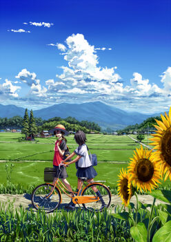 2girls backpack bag bicycle black_hair black_socks blouse blue_sky bokuden building cloud day field flower grass hat highres kneehighs landscape long_hair looking_at_another mountain multiple_girls open_mouth original outdoors path pleated_skirt ponytail pushing_bicycle raglan_sleeves rice_paddy road rural scenery school_bag school_uniform serafuku shirt short_hair shorts skirt sky slice_of_life socks straw_hat summer sun_hat sunflower t-shirt torii tree utility_pole walking white_shirt