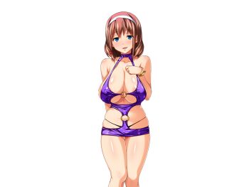 Rule 34 | 1girl, areola slip, arm behind back, bare shoulders, blue eyes, bodycon, bodysuit, breasts, brown hair, cleavage, clothing cutout, cocktail dress, covered erect nipples, dress, female focus, hair between eyes, hairband, half-closed eyes, hand on own chest, hinomoto koharu, hip vent, jewelry, kedamono-tachi no sumu ie de, knees, knees together feet apart, large breasts, light blush, looking at viewer, low neckline, medium hair, microdress, minidress, naughty face, o-ring dress, open mouth, panty straps, pin-point, puffy nipples, revealing clothes, shiny clothes, sideboob, sidelocks, sleeveless, slutty clothes, smirk, solo, standing, takeda hiromitsu, thong, transparent background, turtleneck, turtleneck bodysuit, turtleneck dress, variant set, whale tail (clothing), white hairband