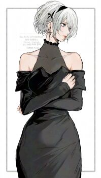 Rule 34 | 1girl, 2b (nier:automata), alternate costume, bare shoulders, black dress, black hairband, blue eyes, collarbone, cowboy shot, dress, earrings, grey hair, hairband, highres, jewelry, lips, long sleeves, looking to the side, nier:automata, nier (series), nishiii26miii, off-shoulder dress, off shoulder, parted lips, see-through clothes, short hair, simple background, solo, straight-on, twitter username