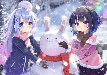 2girls angora_rabbit animal animal_on_head black_hair blue_eyes blue_hair blurry blurry_background breath brown_coat brown_gloves brown_scarf building_snowman capelet coat commentary_request fuiba_fuyu fur-trimmed_capelet fur-trimmed_sleeves fur_trim gloves gochuumon_wa_usagi_desu_ka? gradient_hair grey_skirt hair_between_eyes hair_ornament kafuu_chino long_hair long_sleeves medium_hair multicolored_hair multiple_girls on_head open_mouth pink_capelet pink_coat pink_hair pleated_skirt purple_skirt rabbit scarf sidelocks skirt snow snowing snowman taku_michi tippy_(gochiusa) two-tone_hair very_long_hair white_scarf winter winter_clothes x_hair_ornament
