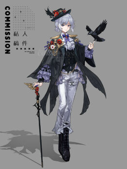 1girl absurdres ascot belt bird bird_on_hand black_gloves blue_eyes boots brooch cane character_name chinese_commentary chinese_text closed_mouth commentary_request crow english_text epaulettes fingerless_gloves flower frills full_body gloves grey_background grey_hair hat hat_feather hat_flower highres holding holding_cane jewelry long_sleeves looking_at_viewer mixed-language_text original pants red_flower ring rose shadow shirt short_hair simple_background solo standing tailcoat top_hat vest watermark white_ascot white_pants yanyang_tangxindan