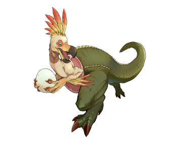 beak brown_claws claws colored_skin deviljho dracozolt egg exposed_muscle feathers gen_8_pokemon green_eyes green_skin highres holding holding_egg kulu-ya-ku lizard_tail looking_to_the_side monster_hunter_(series) multicolored_skin nintendo plume pokemon scales scar spikes tail tongue two-tone_skin white_background yellow_skin zhen_xionggui