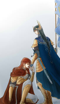 2boys amputee armor banner black_hair blue_cape braid cape cousins elf fingon flag gold_armor hair_ornament highres holding holding_banner holding_hands king kneeling long_hair looking_at_another looking_down maedhros male_focus mintkim multiple_boys nostrils pointy_ears prince profile red_cape red_hair simple_background standing sword the_silmarillion tolkien's_legendarium warrior weapon