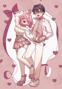 Rule 34 | 1boy, 1girl, :d, ^ ^, aijou rentarou, arm up, black hair, blush, casual, closed eyes, commentary request, couple, frilled shirt, frills, full body, hair between eyes, hair ornament, hairclip, hanazono hakari, heart, hetero, highres, holding hands, jacket, kimi no koto ga dai dai dai dai daisuki na 100-nin no kanojo, long sleeves, medium hair, oknomyk, open mouth, pants, parallel hairclips, pink hair, puffy long sleeves, puffy sleeves, shirt, shoes, simple background, skirt, smile, standing, thighhighs, unmoving pattern, white jacket, white pants, white shirt, white thighhighs, zettai ryouiki