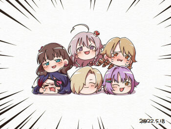 &gt;_&lt; azmad black_hair blonde_hair braid brown_eyes brown_hair closed_eyes crying drill_hair earrings eyepatch fang green_eyes grey_eyes grey_hair hair_over_one_eye hayasaka_mirei heart heart_earrings hoshi_syoko idolmaster idolmaster_cinderella_girls individuals_(idolmaster) jewelry kawaii_boku_to_142&#039;s_(idolmaster) koshimizu_sachiko light_brown_hair morikubo_nono mushroom mushroom_on_head one_eye_closed open_mouth purple_hair sakuma_mayu shirasaka_koume side_braid smile tears under_the_desk_(idolmaster) v-shaped_eyebrows wavy_hair yukkuri_shiteitte_ne