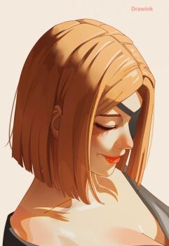 1girl artist_name breasts cleavage closed_eyes collarbone commentary drawink eyepatch from_above highres jujutsu_kaisen kugisaki_nobara large_breasts medium_hair off_shoulder orange_hair portrait profile red_lips solo