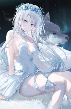 1girl arm_support aurora bare_legs bare_shoulders black_background breasts breasts_apart chest_tattoo criss-cross_halter dress feet_out_of_frame flower_wreath grey_eyes grey_hair halter_dress halterneck head_wreath highres leg_tattoo long_hair miwano_rag original parted_lips ribbon sitting snow solo tattoo wolf