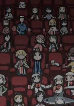 Rule 34 | 2boys, 6+girls, black hair, blonde hair, character request, chito (shoujo shuumatsu ryokou), copyright request, drinking, drinking straw, drinking straw in mouth, egg, food, glasses, hat, highres, indoors, ishii (shoujo shuumatsu ryokou), juice box, kanazawa (shoujo shuumatsu ryokou), leoleonardk10, long hair, mogawa (shimeji simulation), movie theater, multiple boys, multiple girls, nuko (shoujo shuumatsu ryokou), octopus girl (tsukumizu yuu), popcorn, red-framed eyewear, shark girl (tsukumizu yuu), shimeji simulation, shoujo shuumatsu ryokou, sitting, sumida (shimeji simulation), tsukishima mina, tsukishima shijima, white headwear, yamashita majime, yomikawa (shimeji simulation), yuuri (shoujo shuumatsu ryokou)