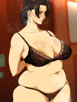 1girl arms_behind_back black_hair blush bra breasts closed_eyes ecoruby ghost_in_the_shell highres kayabuki_yoko large_areolae large_breasts lingerie lips mature_female navel panties plump removing_bra short_hair solo standing underwear undressing
