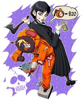 1boy 1girl the_addams_family amputee arrow_(projectile) artist_name axe bandaged_foot bandages banknote black_hair black_jacket black_pantyhose black_shoes black_skirt blonde_hair blood blood_on_face braid brown_gloves child coat crossover double_amputee fish gloves guro highres holding holding_axe holding_money hood hooded_coat image_in_speech_bubble jacket kenny_mccormick long_hair money mouse_(animal) orange_coat orange_hood orange_pants pants pantyhose percodine piranha pleated_skirt shoes skirt skull south_park speech_bubble thumbs_up twin_braids wednesday_addams