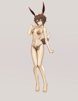 1girl absurdres animal_ears breasts brown_hair commission corruption full_body grey_background hand_on_own_chest highres large_variant_set liquid looking_at_viewer medium_breasts nude original pussy rabbit_ears rabbit_girl rabbit_tail shen_hai_ichigo short_hair solo standing tail variant_set yellow_eyes