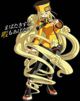 1girl 3d arc_system_works black_pantyhose blonde_hair blue_eyes female_focus fingerless_gloves fur_hat gloves guilty_gear guilty_gear_xrd hat long_hair millia_rage official_art pantyhose solo translation_request ushanka very_long_hair