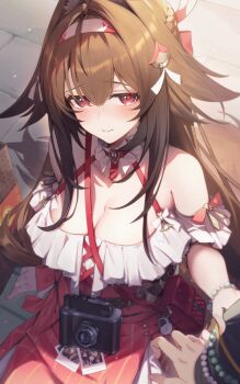 1boy 1girl absurdres bare_shoulders blush breasts brown_hair camera cleavage closed_mouth commentary_request e_buki grabbing_another's_arm hair_flaps hair_ornament hairband highres large_breasts long_hair looking_at_viewer photo_(object) pov red_eyes red_skirt shirt sitting skirt solo_focus tail white_hairband white_shirt wise_(zenless_zone_zero) ye_shunguang ye_shunguang_(touch_of_dawnlight) zenless_zone_zero